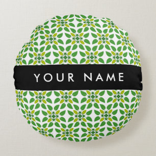Leaf Pattern, Green Leaves, Your Name Round Cushion