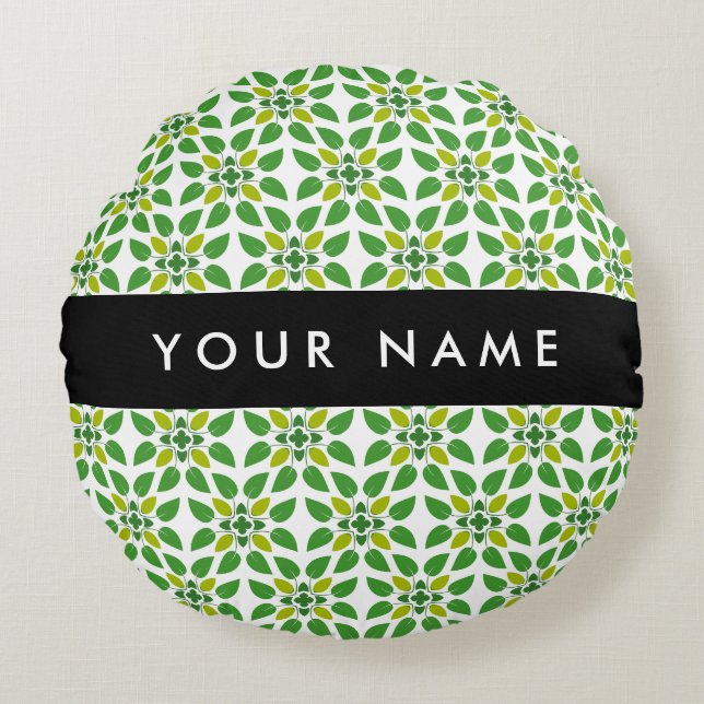 Leaf Pattern, Green Leaves, Your Name Round Cushion (Front)