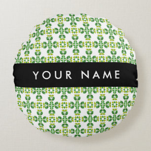 Leaf Pattern, Green Leaves, Your Name Round Cushion
