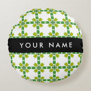 Leaf Pattern, Green Leaves, Your Name Round Cushion