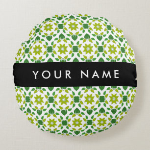 Leaf Pattern, Green Leaves, Your Name Round Cushion