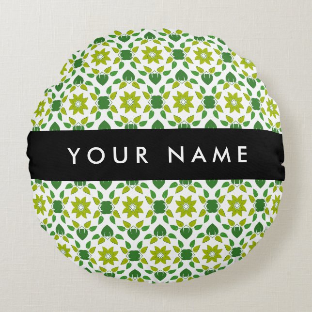 Leaf Pattern, Green Leaves, Your Name Round Cushion (Front)