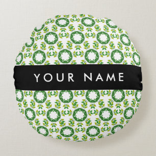 Leaf Pattern, Green Leaves, Your Name Round Cushion