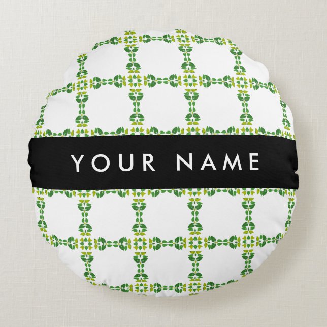 Leaf Pattern, Green Leaves, Your Name Round Cushion (Front)