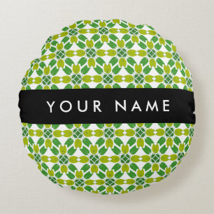 Leaf Pattern, Green Leaves, Your Name Round Cushion