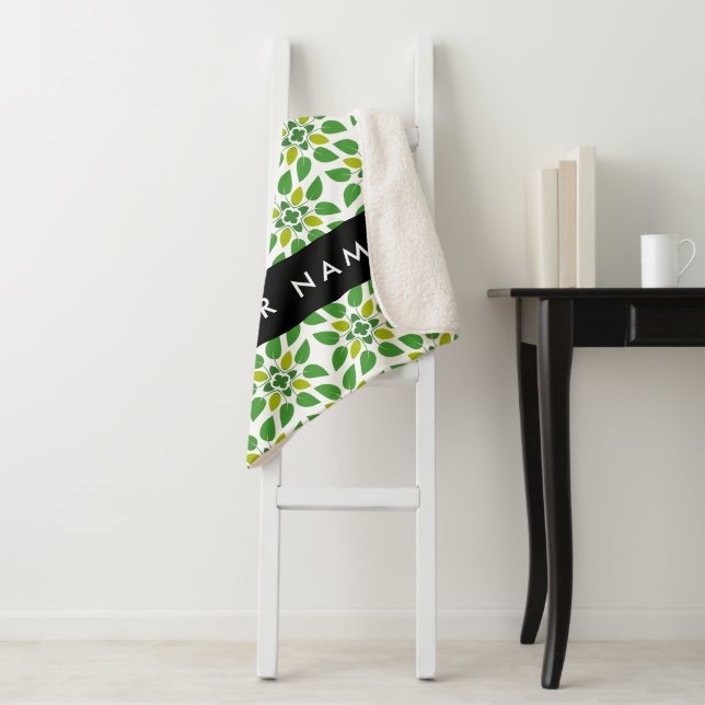 Leaf Pattern, Green Leaves, Your Name Sherpa Blanket (In Situ)