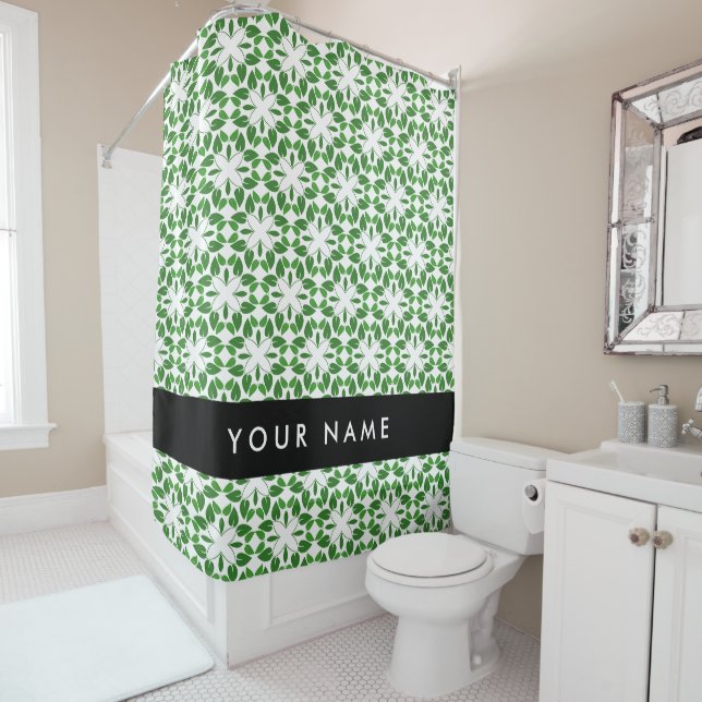 Leaf Pattern, Green Leaves, Your Name Shower Curtain (In Situ)
