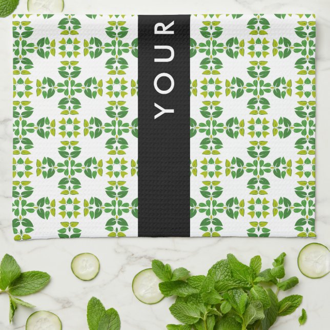 Leaf Pattern, Green Leaves, Your Name Tea Towel (Folded)