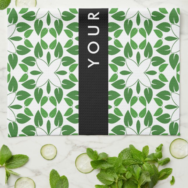 Leaf Pattern, Green Leaves, Your Name Tea Towel (Folded)