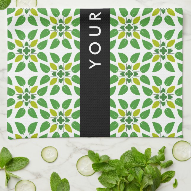 Leaf Pattern, Green Leaves, Your Name Tea Towel (Folded)