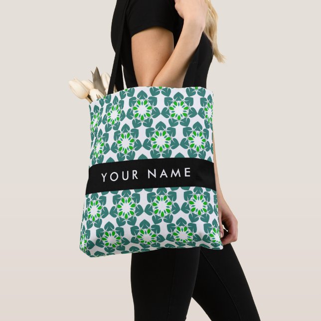 Leaf Pattern, Green Leaves, Your Name Tote Bag (Close Up)