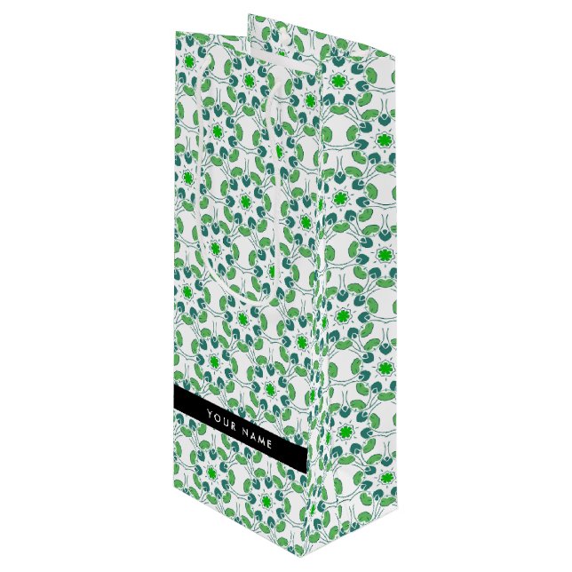 Leaf Pattern, Green Leaves, Your Name Wine Gift Bag (Front Angled)