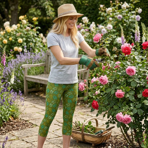 Leaf  Pattern on Olive Green  Capri Leggings