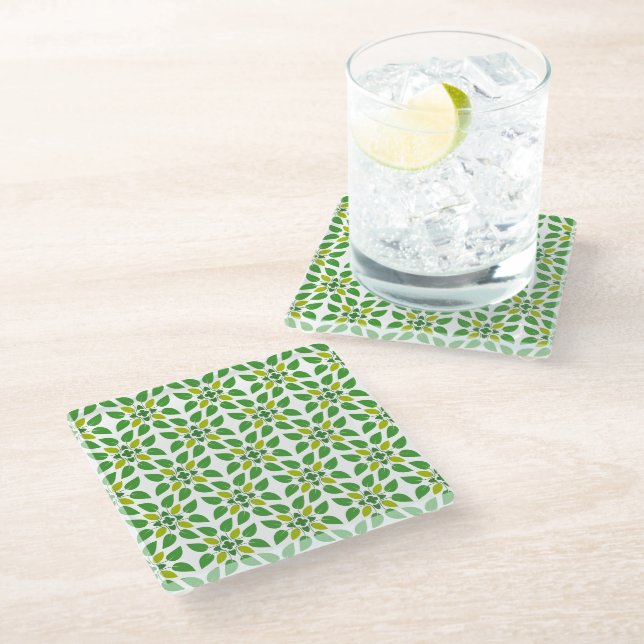 Leaf Pattern, Pattern Of Leaves, Green Leaves Glass Coaster (Angled)