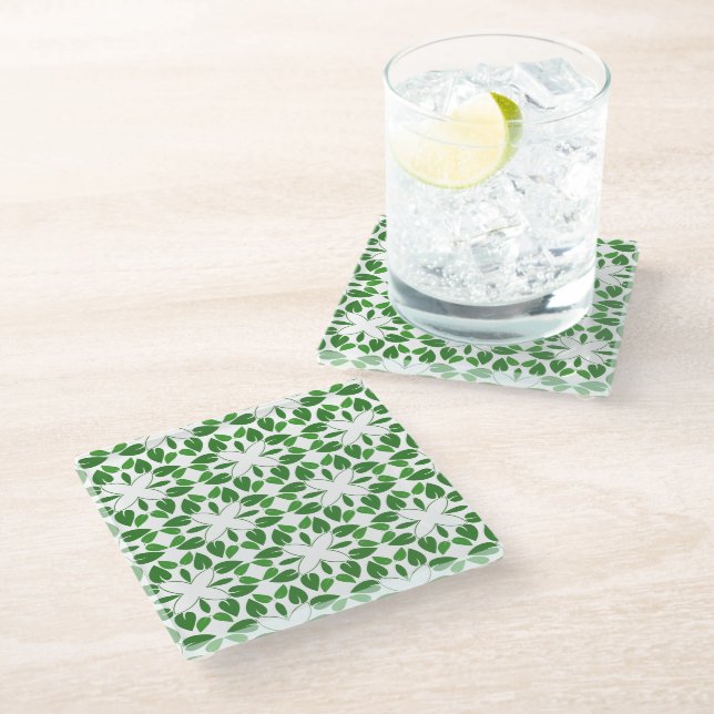 Leaf Pattern, Pattern Of Leaves, Green Leaves Glass Coaster (Angled)