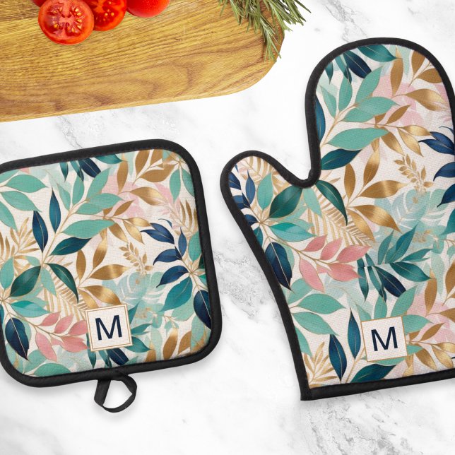 Leaf Pattern Pretty Colourful Leaves Monogrammed Oven Mitt & Pot Holder Set (A monogrammed pot holder and oven mitt, featuring a leaf pattern in aqua, teal, pink and faux gold)