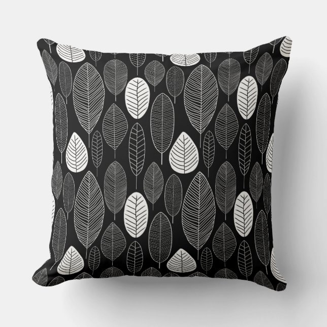 Leaf Pattern - White on Black Cushion (Front)