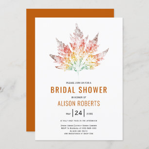 Leaf print burnt orange fall wedding bridal shower invitation