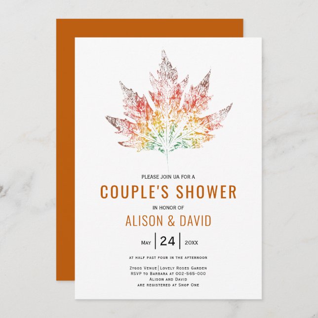 Leaf print orange fall wedding couples shower invitation (Front/Back)