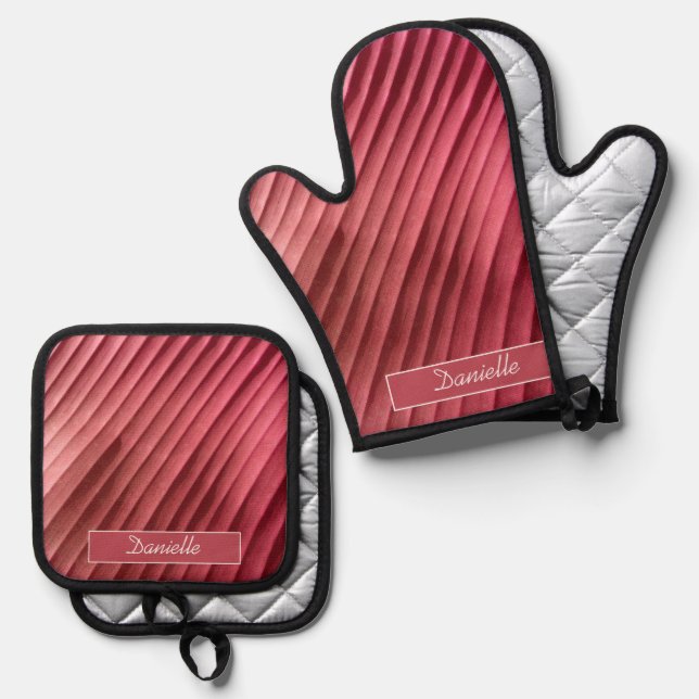 Leaf Red Diagonal Oven Mitt & Pot Holder Set (Front/Back)