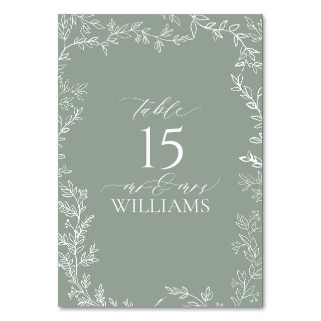 Leaf Sage Green Elegant Monogram Table Card (Front)