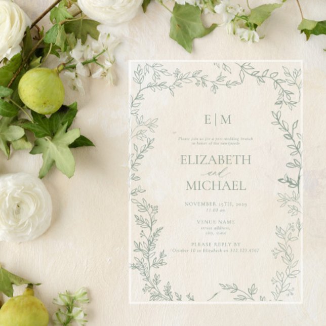 Leaf Sage Green Monogram Post Wedding Brunch Acrylic Invitations (Creator Uploaded)