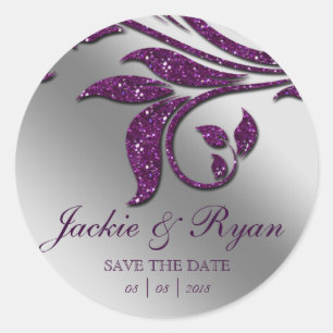 Leaf Save Date Wedding Stickers Purple Sparkle