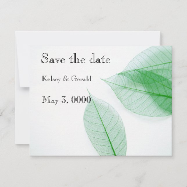 Leaf skeletons on white save the date (Front)