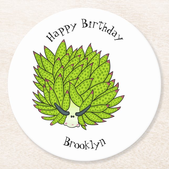 Leaf slug cartoon illustration round paper coaster (Front)