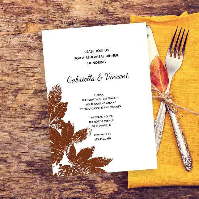 Leaf Stamp Wedding Rehearsal Dinner Invitation (Fall in Love with this natural woodland wedding rehearsal dinner invitation.)