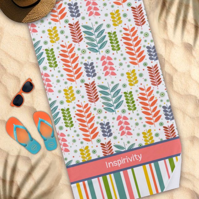  Leaf Striped Dots Custom Name Pattern Trendy Beach Towel (Creator Uploaded)