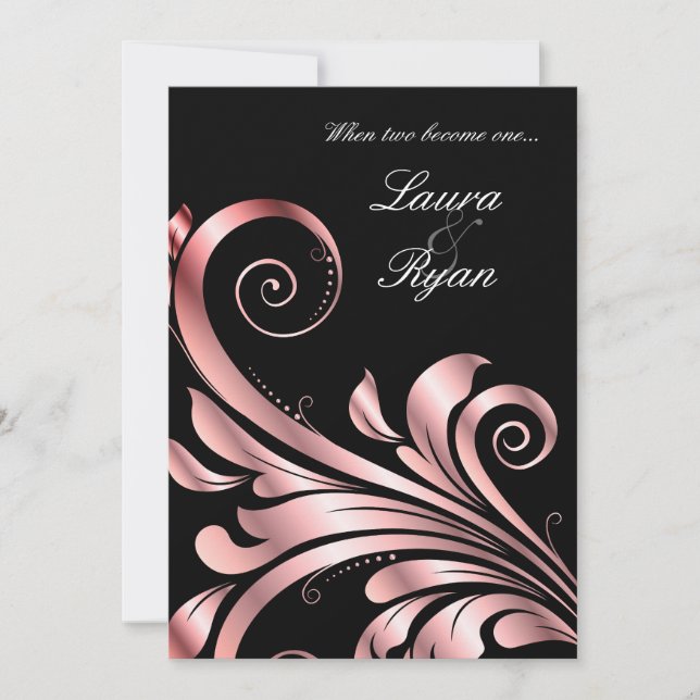 Leaf Swirl Wedding Invitation Black Pink (Front)