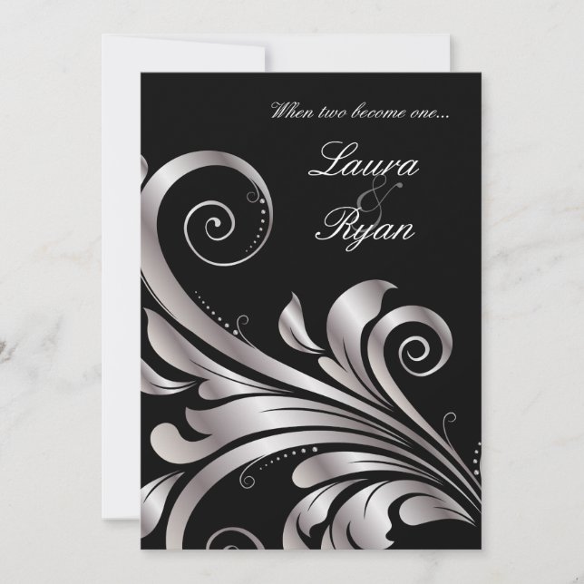 Leaf Swirl Wedding Invitation Black Silver (Front)
