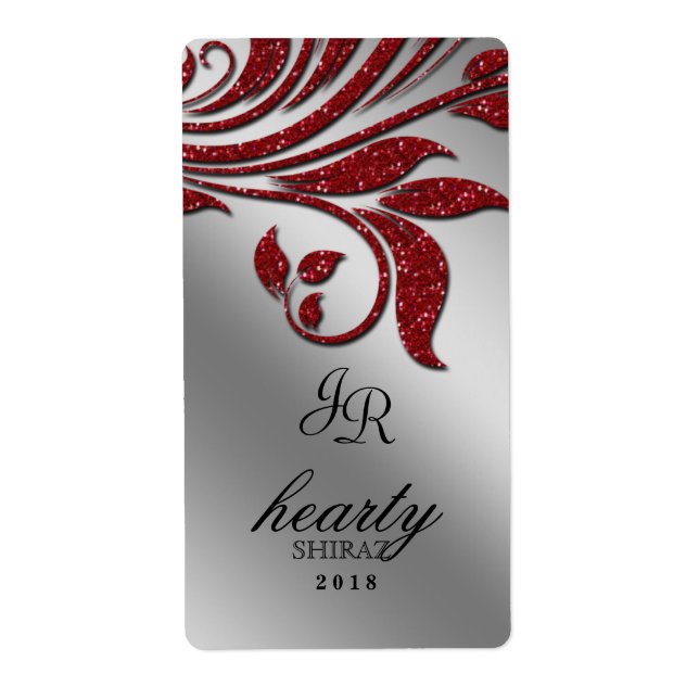 Leaf Wedding Wine Label Sparkle Red Silver (Front)