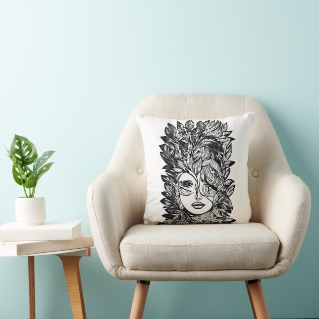 Leaf womans Face Abstract ink drawing art   Cushion (Chair)