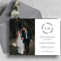 Leaf Wreath Monogram Black and White Save The Date