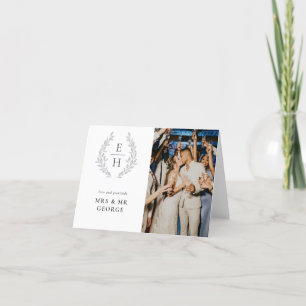 Leaf Wreath Monogram Photo Wedding  Thank You Card