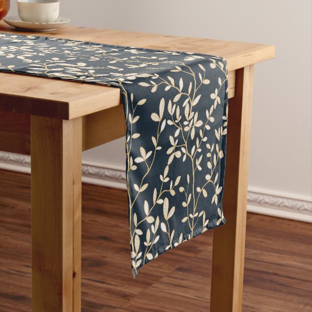 Leafline Spread Midnight Blue Gold Ochre Short Table Runner (In Situ)