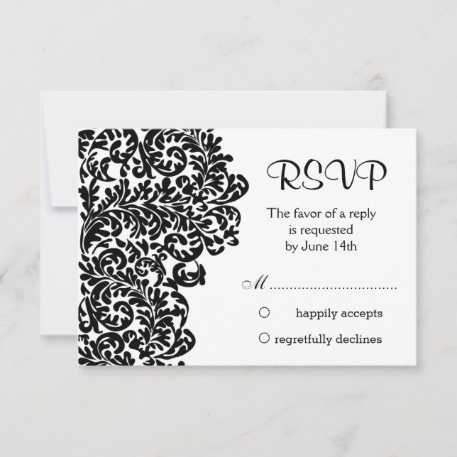 Leafy black damask swirls Wedding RSVP Card (Front)