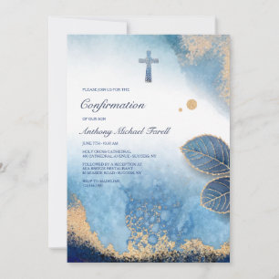 Leafy Blue Frame Religious Invitation