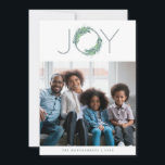 Leafy Blue Joy wreath Christmas/holiday photo Card<br><div class="desc">Illustrated Joy wreath</div>