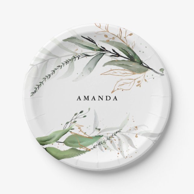 Leafy Botanical Eucalyptus Modern Greenery Branch Paper Plate (Front)