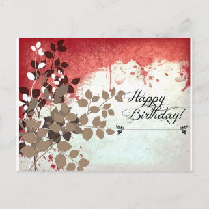 Leafy Brick Red Happy Birthday Postcard