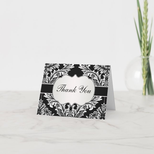 Leafy Damask white on black  Wedding Thank You Card (Front)