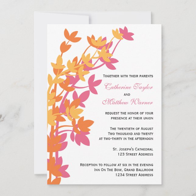Leafy Elegance In Pink Orange Yellow Wedding Invitation (Front)