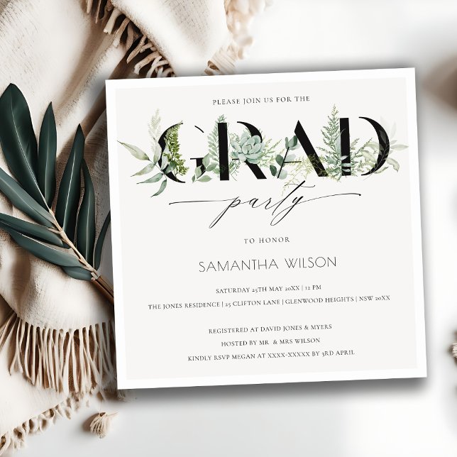 Leafy Fern Succulent Fauna Photo Graduation Invite (Creator Uploaded)