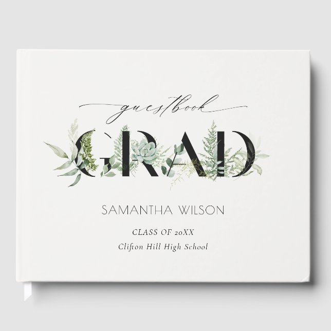 Leafy Fern Succulent Green Fauna Photo Graduation Guest Book (Front)