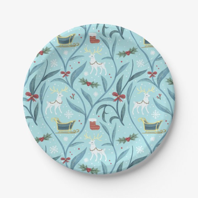 Leafy Floral Reindeer Christmas Pattern Paper Plate (Front)