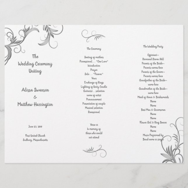 Leafy Flourish White Tri-Fold Wedding Program (Front)
