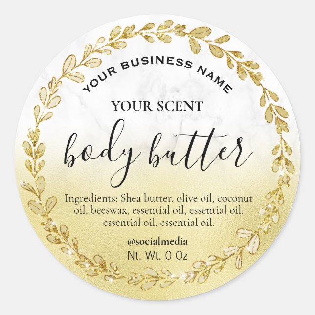 Leafy Gold Foil Marble Body Butter Labels (Front)